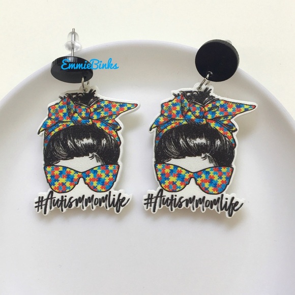 ✨3for$38mixMatch New Autism Mom Life Messy Bun Puzzle Piece Drop Dangle Earrings - Picture 4 of 8